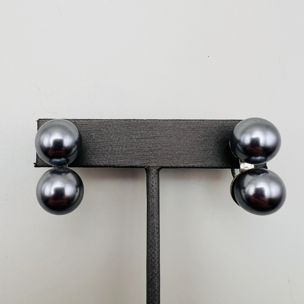 Vintage Double Faux Pearl Screw Back Earrings Gunmetal Grey Mid Century